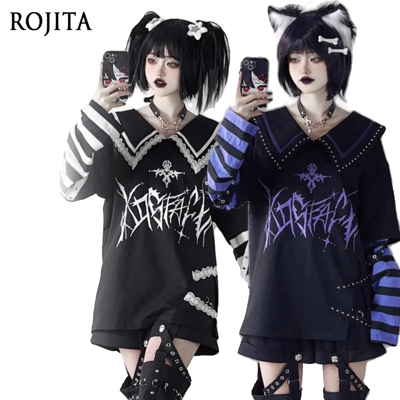 Homemade Subculture Dark Stripe Stitching Long Sleeve Print Navy Collar T-shirt Harajuku Alt Black T Shirt Women