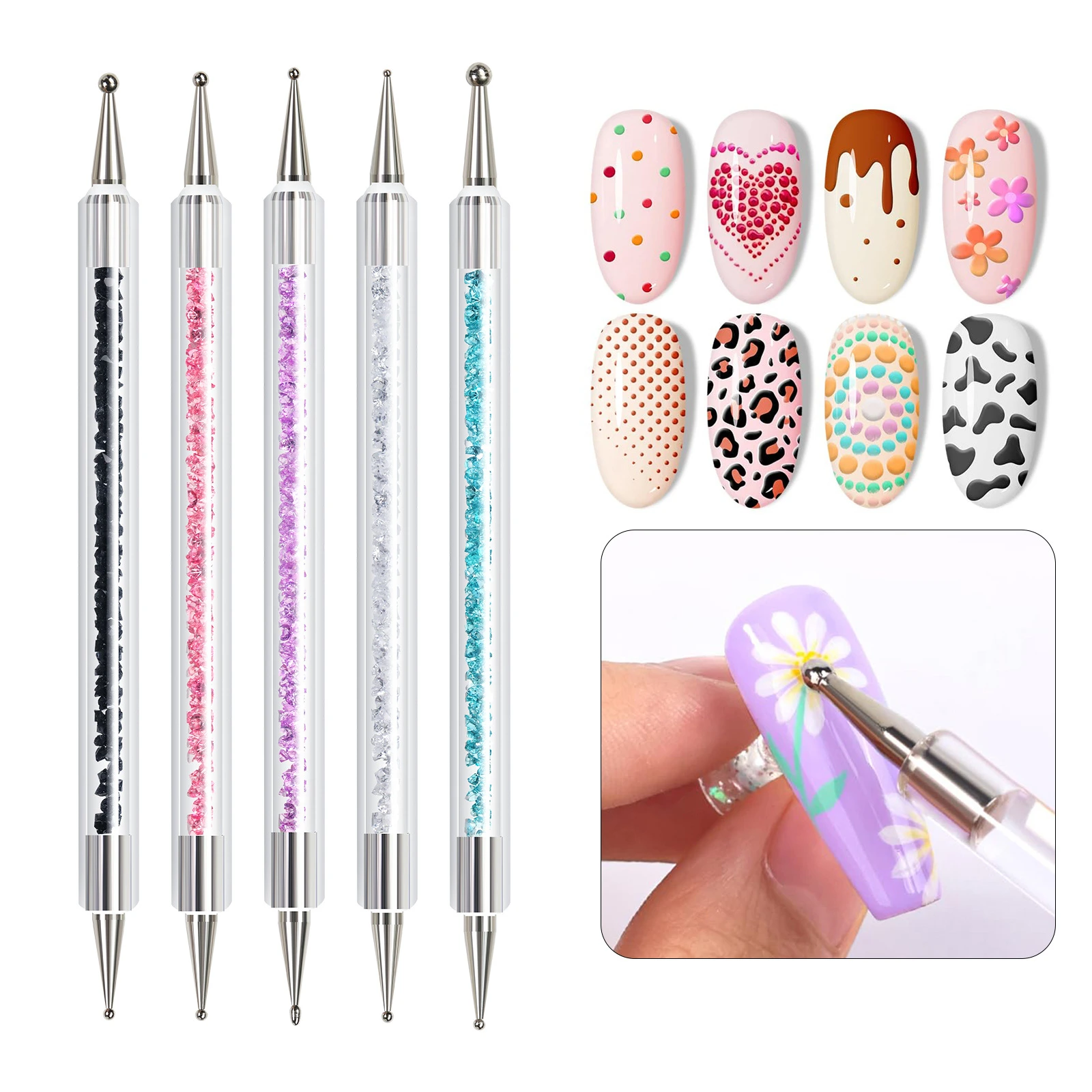 YunMoonai 5Pcs Double-Ended Nail Art and Rhinestone Pen Set Fashion DIY Nail Tools