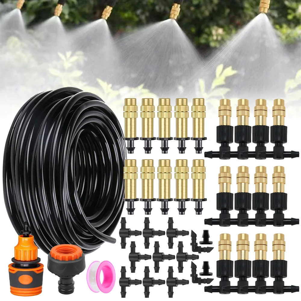 10M-30M Outdoor-Nebelkühlsystem Gartenbewässerung 1/4'' Messing-Zerstäuberdüsen 4/7mm Schlauch für Terrasse und Gewächshaus