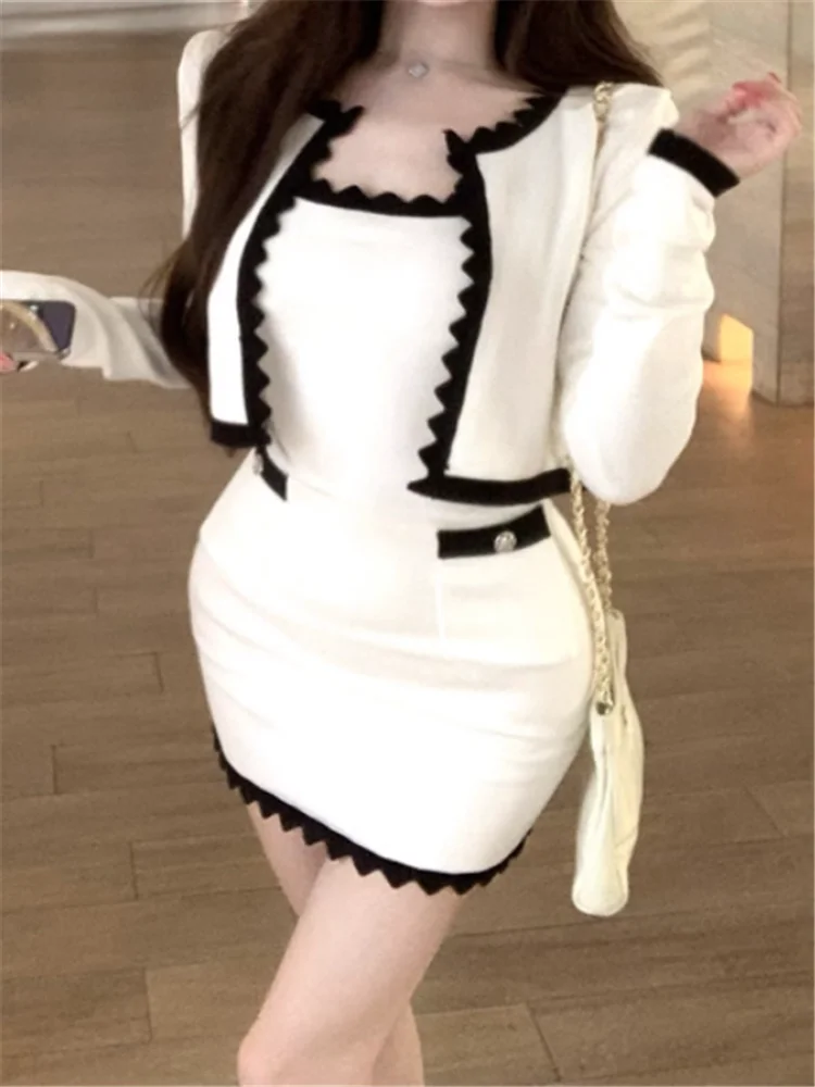 Elegant Lady Two Pieces Knitted Suits Color Contrast Stunning Women 2 Pieces Sets Pencil Mini Straps Dress&Long Sleeve Cardigan