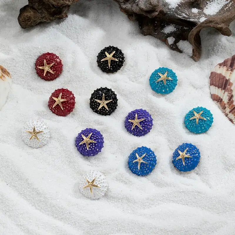 Cute Luxury Multi Color Round Sea Urchin Gold Color Starfish Stud Earrings For Women Bohemian Island Outing Pool Party Jewelry