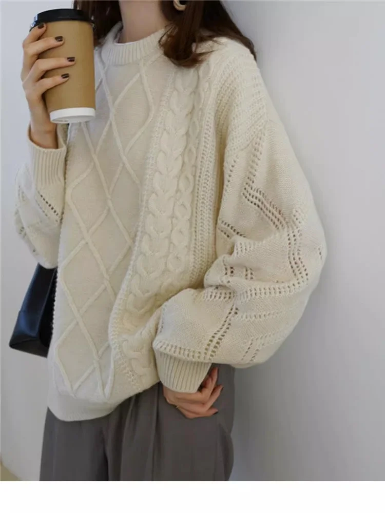 

Large Size Sweater 100% Australian Wool Pullovers Women Autumn WinteO-Neck Knitwear Jacquard High-grade Fashion Knit Lazy Style