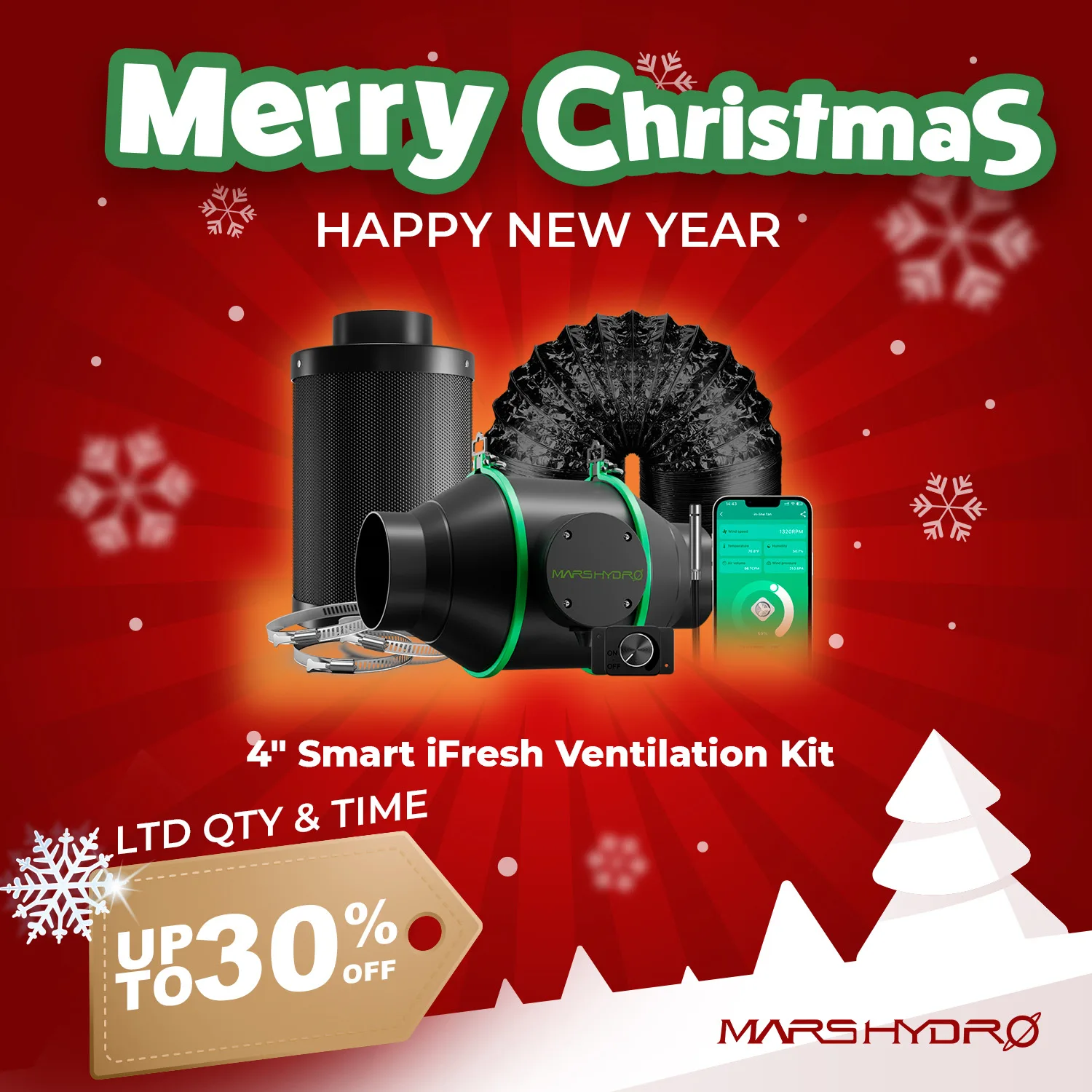 Mars Hydro 4'' 6'' Smart Ifresh Inline Ducting Fan Ventilation Kits with Carbon Filter for Grow Tent Kits