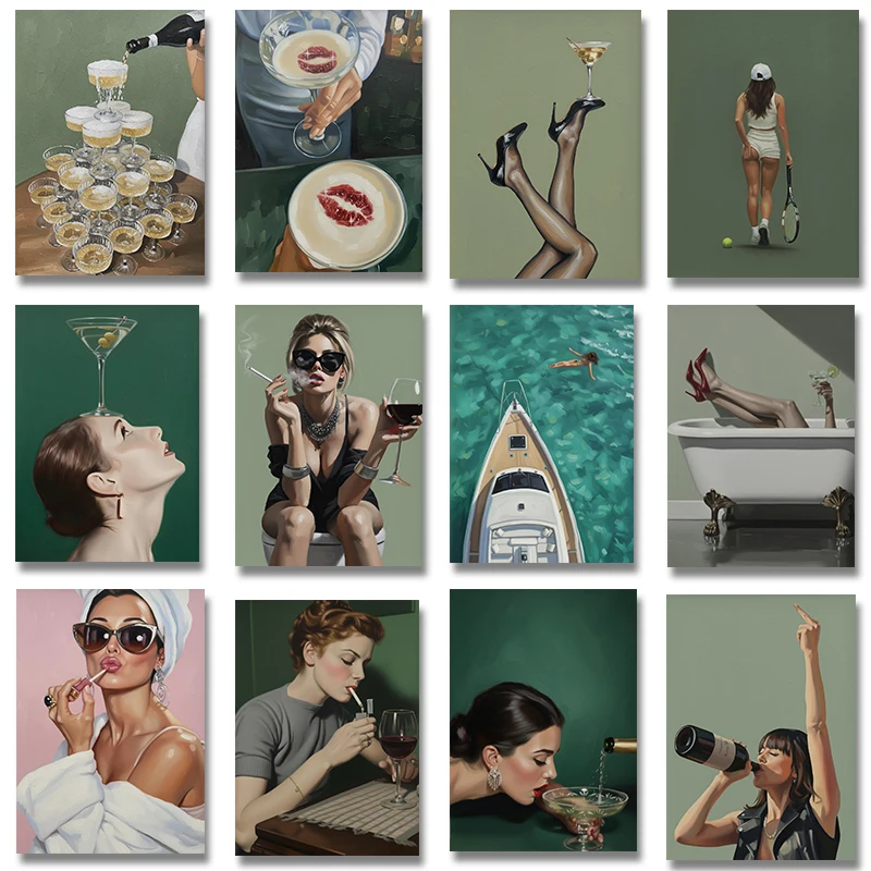 Dirty Martini & Heels Sexy Woman Poster Wall Art Feminine Woman Diving Off Yacht Canvas Painting for Kitchen Home Decor