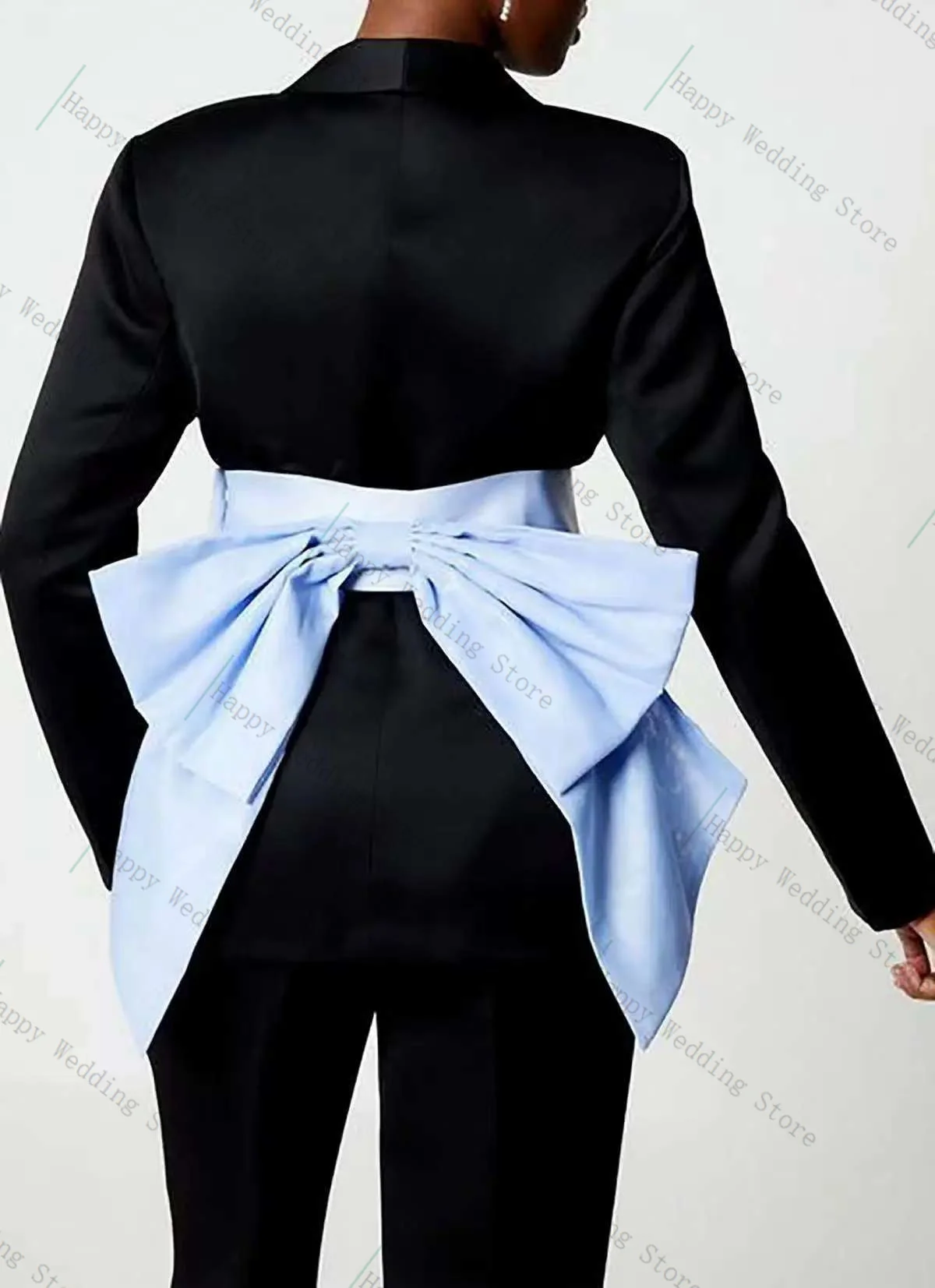 

Black Blue Women Suit Pants Set 2 Piece Blazer+Trousers Bow Formal Office Lady Customized Wedding Tuxedos Cotton Prom Coat