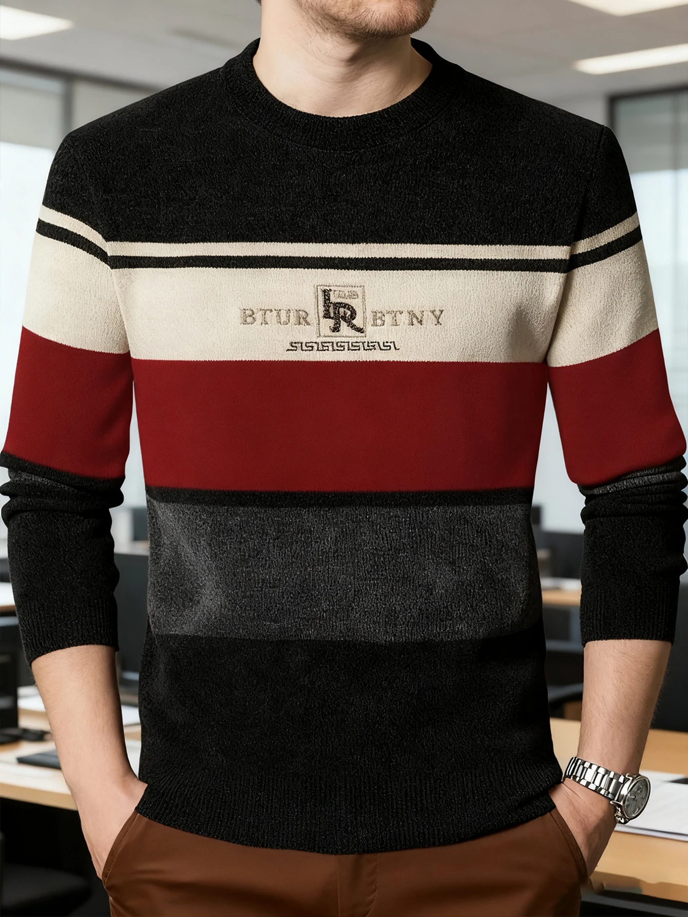 

LVLAEA Old Money Style Striped Letter Embroidery Men Winter Fall Long Sleeve Round Neck Trendy Knitted Pullover for Men
