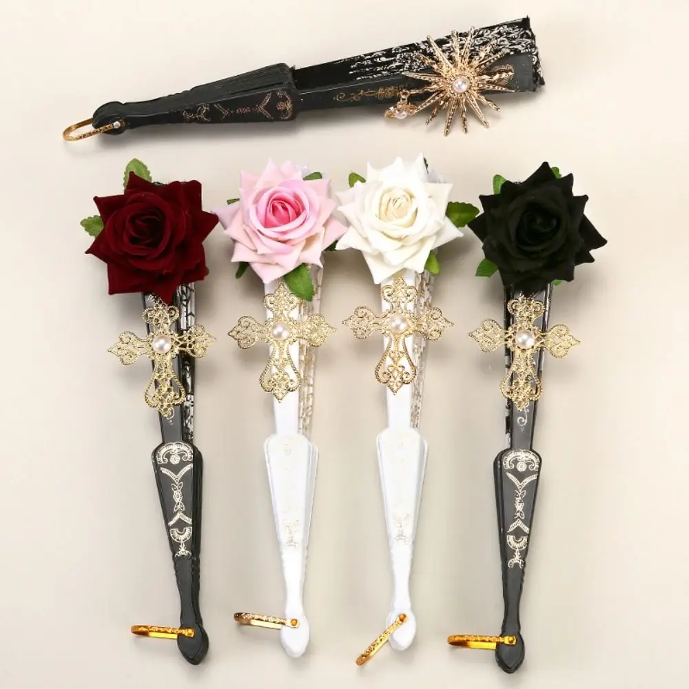

New Plastic Folding Fan Gothic Props for Photography Hand Fan Lace Lace Rose Folding Fan
