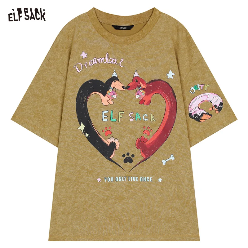 ELFSACK-T-shirt retrô solta estampada feminina, manga curta, top casual versátil, verão, novidades, 2022