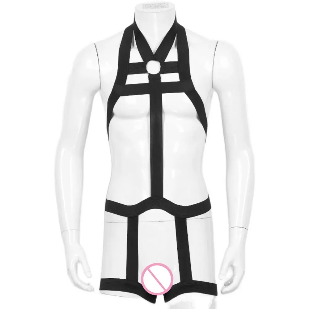 

Fetish Men Halter Neck Elastic Body Chest Harness Sexy Bondage Lingerie with Straps Leg Ring Hombre Stockings Clubwear
