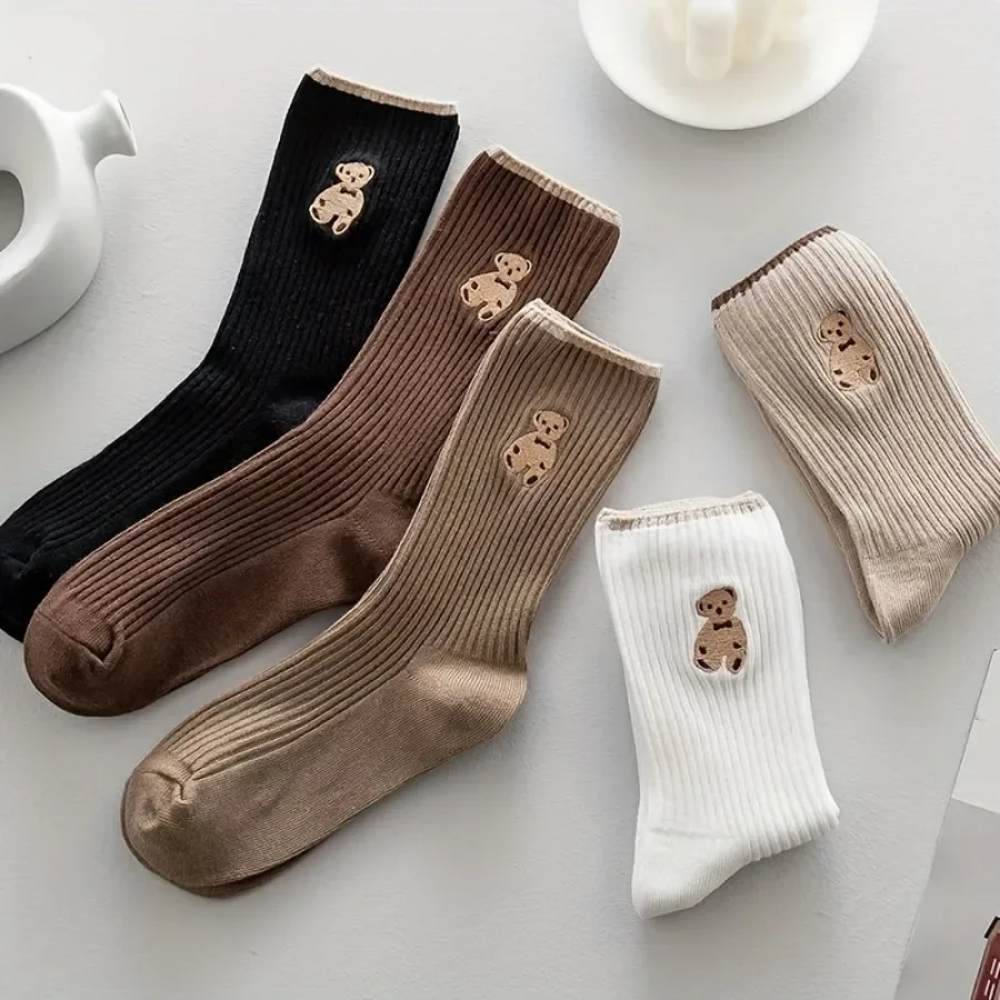 

10 Pairs of Mixed Color Teddy Bear Mid Tube Socks with Cute Pattern Design, Soft and Comfortable, Suitable for Outdoor Wear