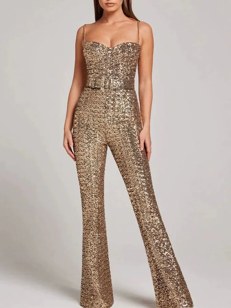 

Glitter solid color jumpsuit high street style casual jumpsuit early spring new fashionable and sexy waist cinching jumpsuit