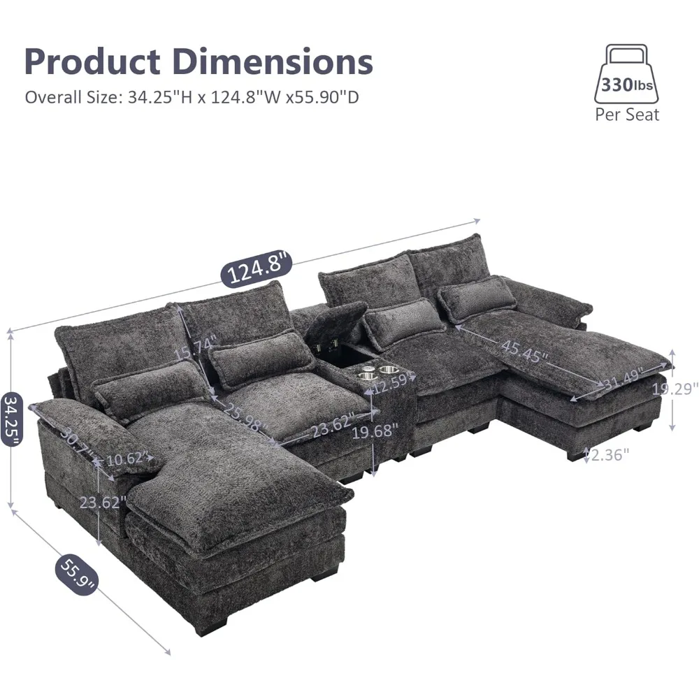 U-shaped modular modular sofa, 124.8 inch living room cloud sofa, gray fluffy chenille sofa with console cup holder, USB port