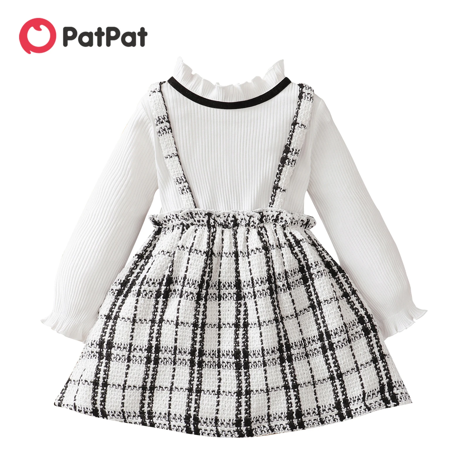 

PatPat Toddler Girl Dresses Ruffle Collar Faux-two Strap Plaid Tweed Long-sleeve Dress for Girl Children Clothes