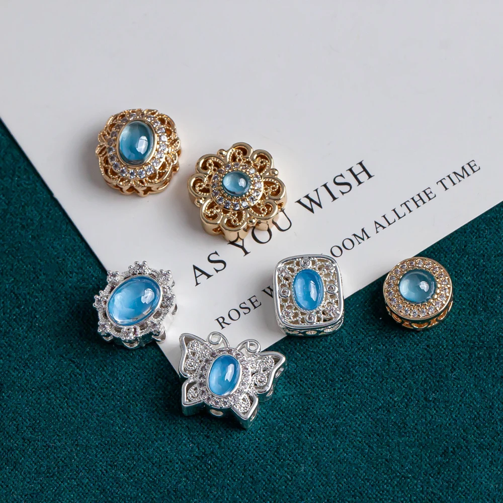 [White K model] Zircon electroplated imitation aquamarine porous copper plated round polygonal bead spacer DIY necklace 2pcs