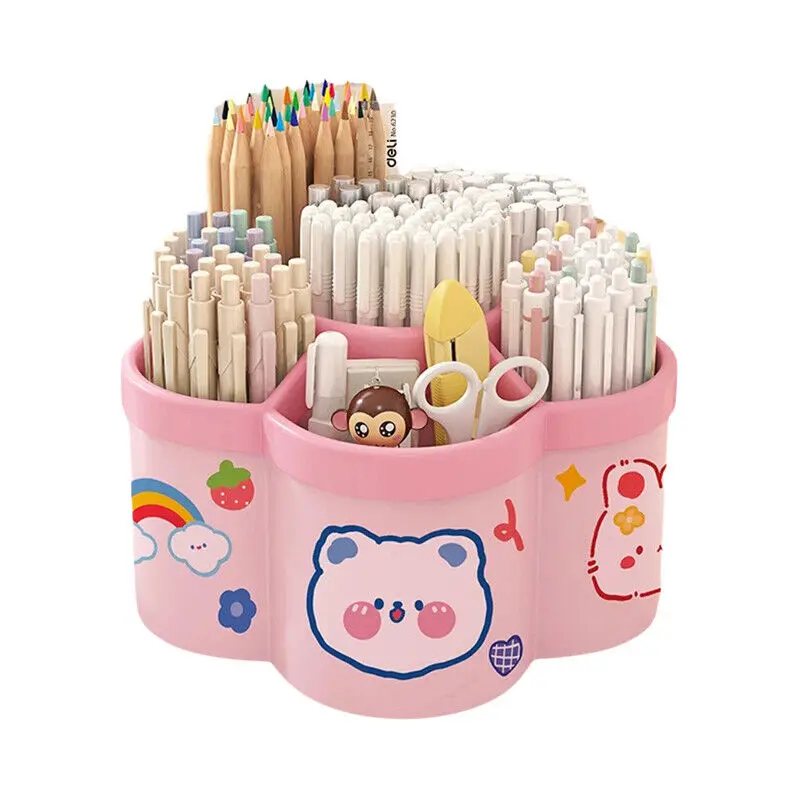 6 Compartment Cartoon Rotating Pen Organizer Desktop High Capacity Storage Pen Holder For School Office Storage Box