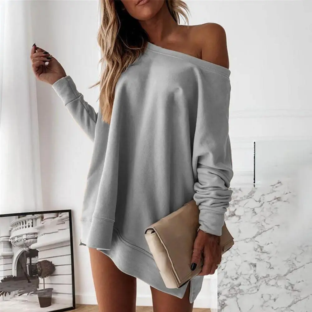 Streetwear  Chic One Off Shoulder Long Sleeve Sweatshirt Warm Oversized Sweatshirt Pure Color   for Daily Life