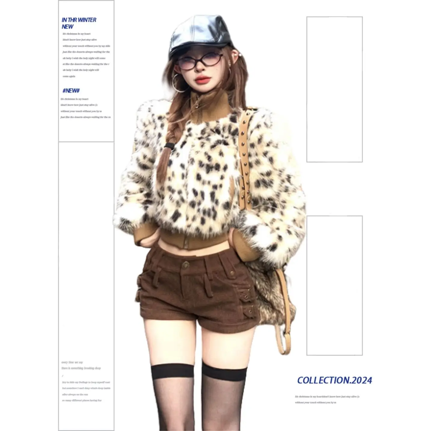 여성용 레오파드 프린트 패치워크 숏 봄버 재킷 두꺼운 폭스 퍼 대비 색상 스탠드 칼라 코튼 코트 지퍼 카디건 탑스