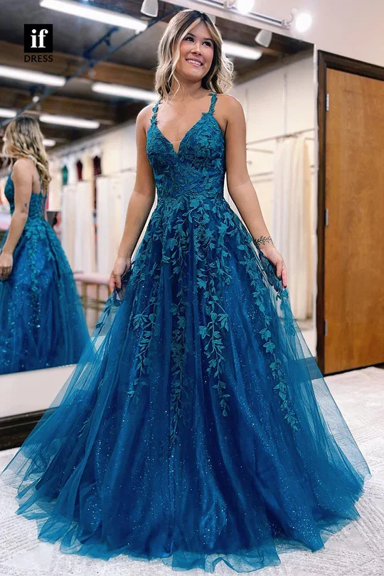 Xijun Glitter Blue Evening Dresses Lace Party Dresses Prom Dress Spaghetti Strap A-Line Prom Gowns Flower Appliques 2023 V-Neck