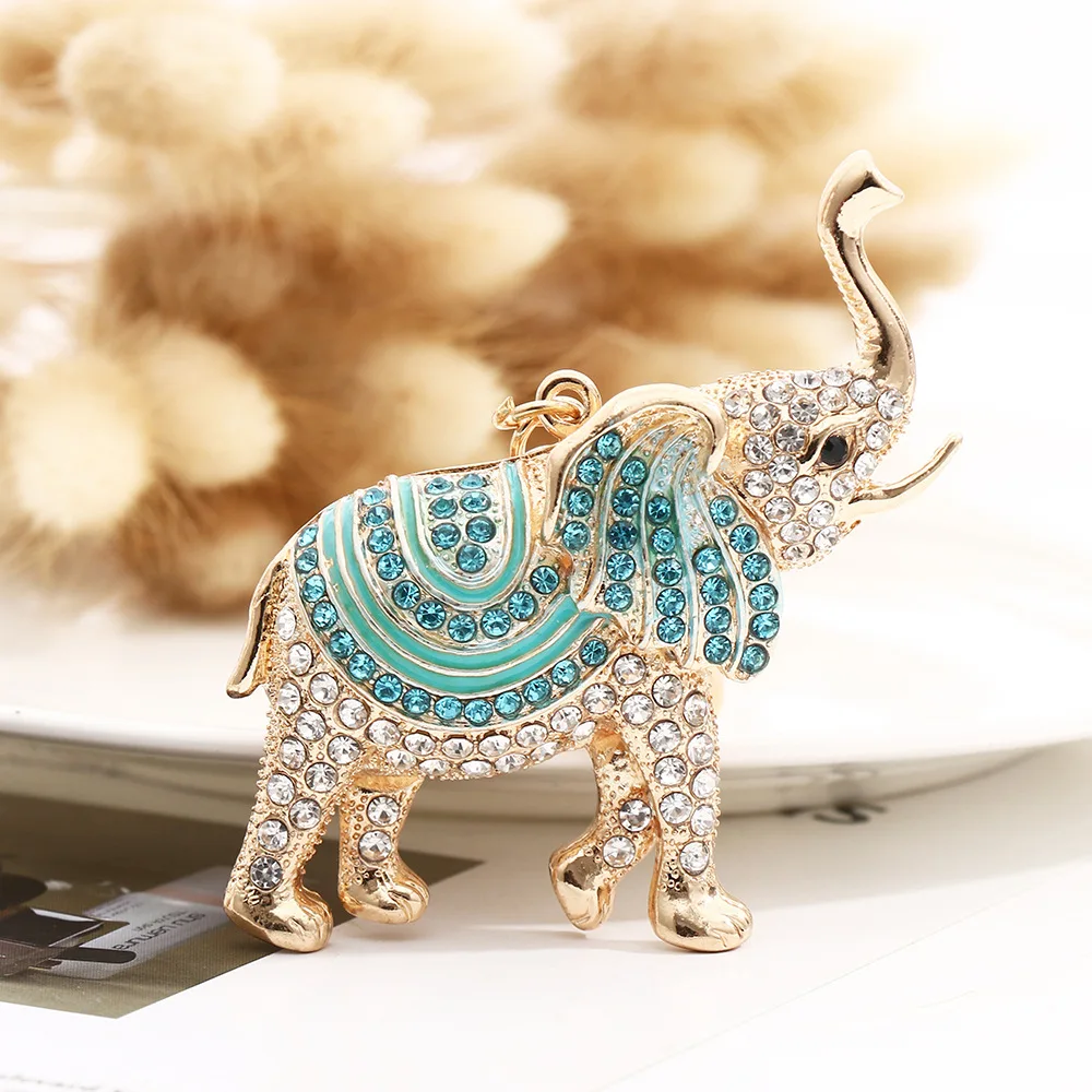 3D Auspicious Elephant Key Holder Chains Whole Enamel Colorful Crystal Bag Pendant Keyrings KeyChains For Women