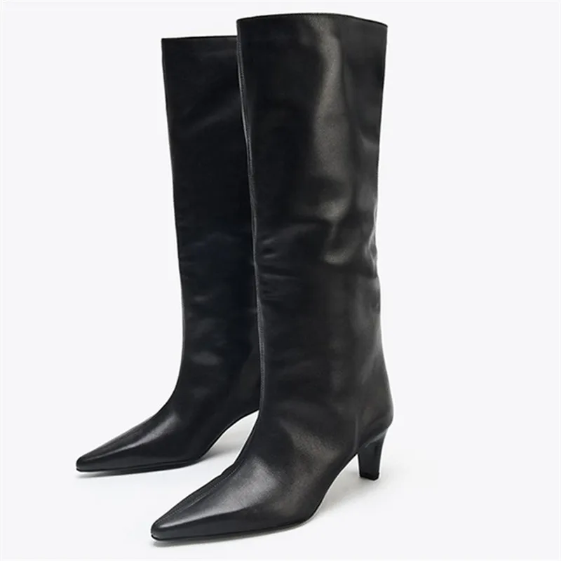 

Europe America Women Pointed Toe Shoes Woman's Slip-On Knee High Low Heels Sewing Long Botas Autumn Winter Ladies Party Footwear