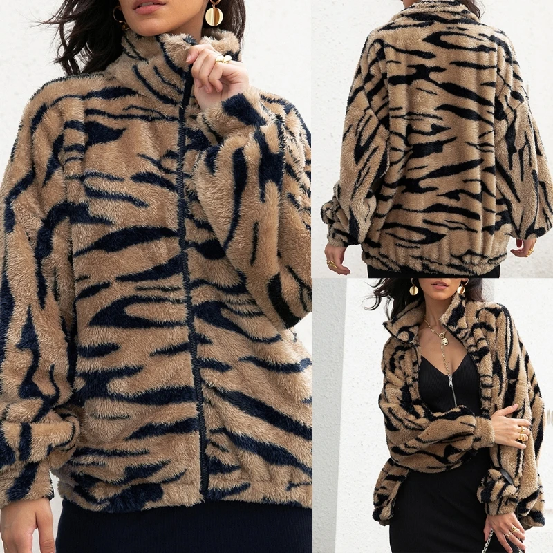 Women Winter Faux Fur Long Sleeve Jacket Harajuku Tiger Striped Animal Pattern Plush Coat Zip Up Oversized New Dropship