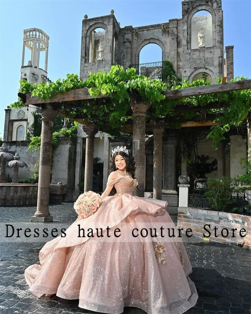 Mexico Champagne Tulle Beaded Quinceanera Dresses 2024 Lace Appliques Ruffles Sweet 16 Dress Birthday Dress Vestido De 15 Anos