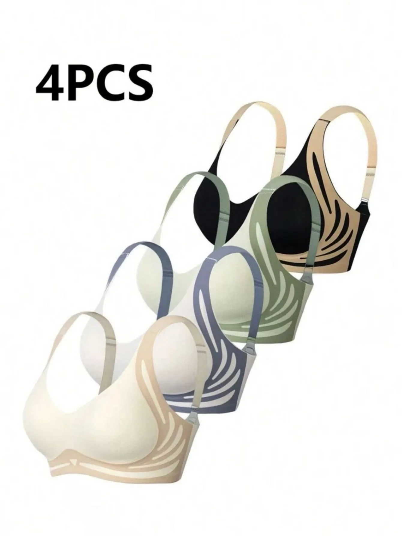 4 قطع حمالة صدر فاخرة مضادة للجاذبية مقاس كبير - مغلقة مزدوجة الصدر من الأمام، مريحة ومسامية، بيج فاتح وصديقة للبحر