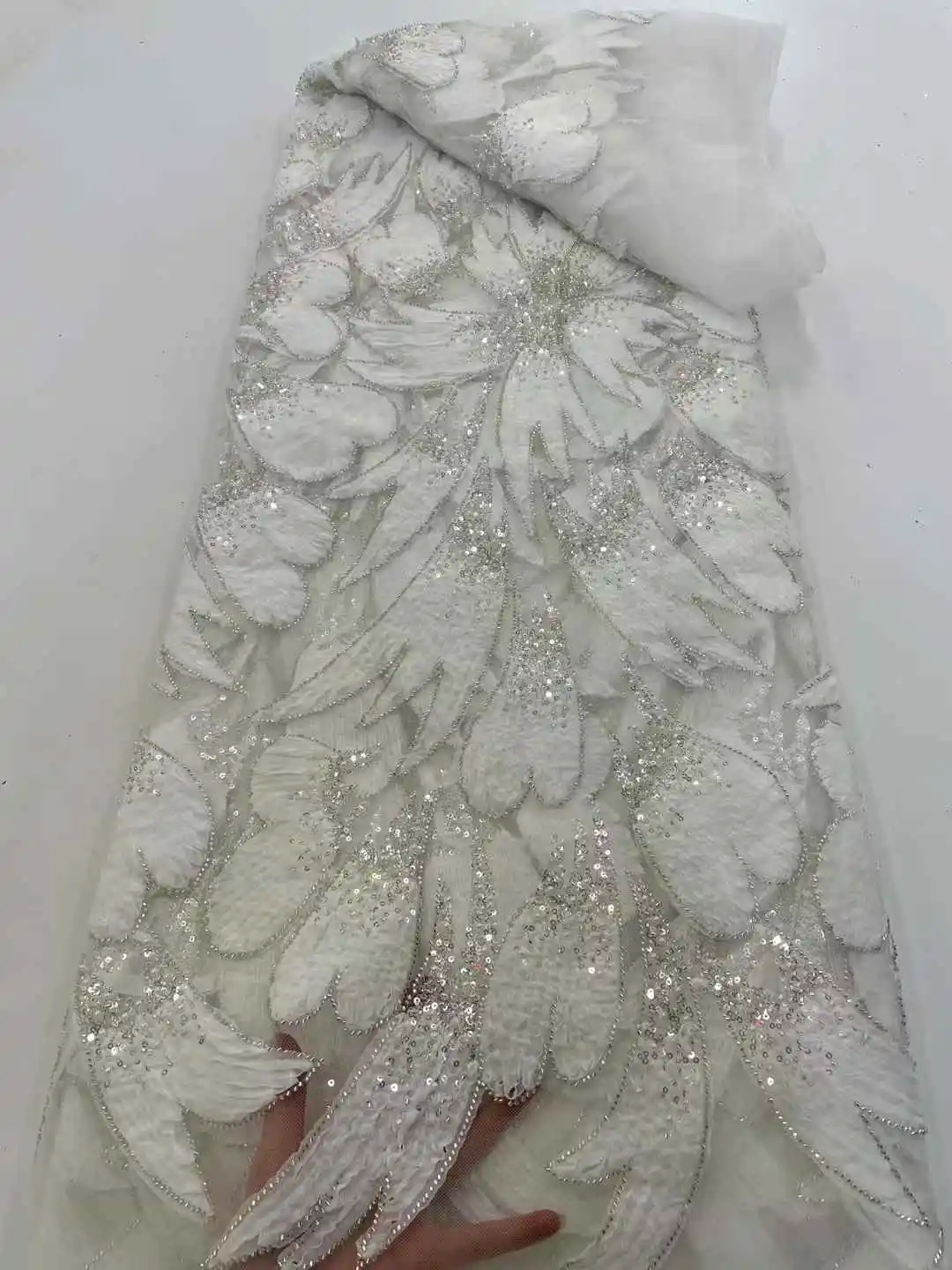 Luxury Beaded Sequins Lace Fabric Nigerian Lace Fabric 2025 High Quality Lace Pink Embroidered Fabric For Women's Evening Dress