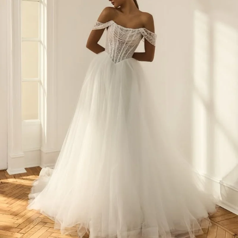 Ivory White Appliques Wedding Dresses off-shoulder A skirt Sequin pearl decal Lace Gowns Made wedding dress Customized