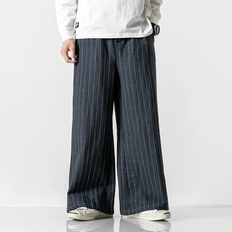 

Spring Autumn Men's Cotton Linen Wide Leg Pants Fashion Stripe Loose Harem Pants Men Vintage Straight Hip Hop Casual Trousers