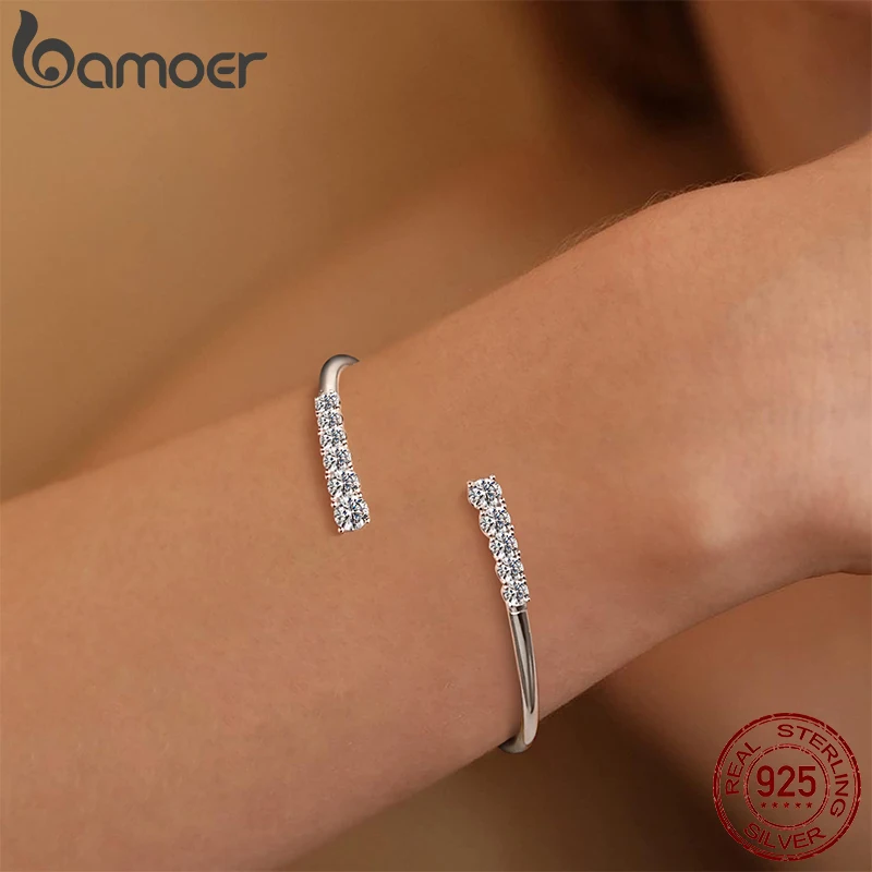 BAMOER 3.6CTTW Moissanite Bar Bracelet Adjustable Wrist Cuff Open Bangle 925 Sterling Silver for Women Wedding Gift Round Cut