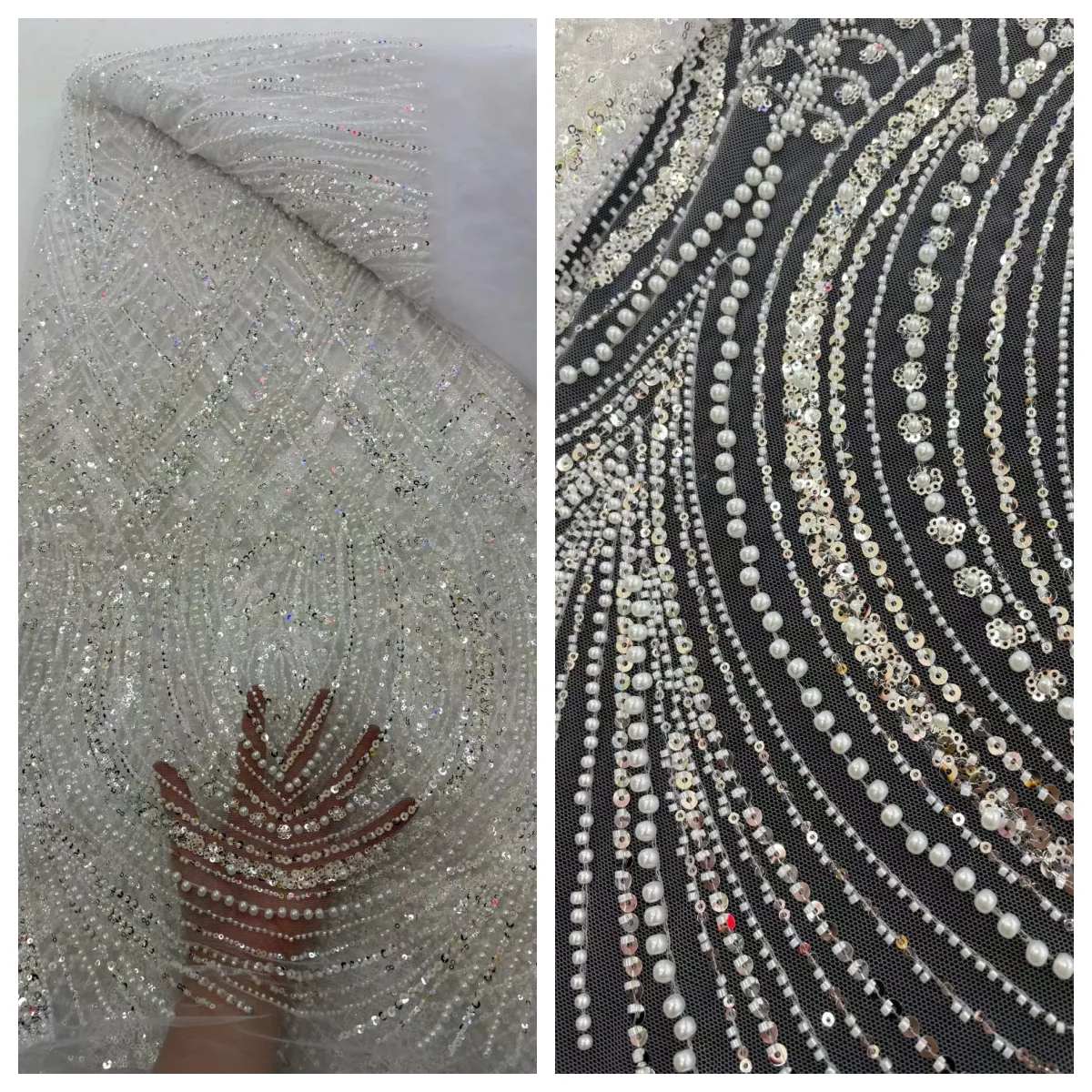 

Nigerian Luxury Lace Fabric Exquisite Gorgeous Lace Fabric African Sequins Beaded Tulle Fabric For 5yards Sewing Dresses