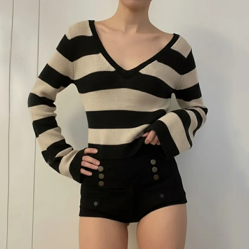 

Сексуальный шерстяной топ в полоску с v-образным вырезом в стиле ретро, приталенный крой и для похудения, двусторонний дизайн, свитер с длинными рукавами для женщин