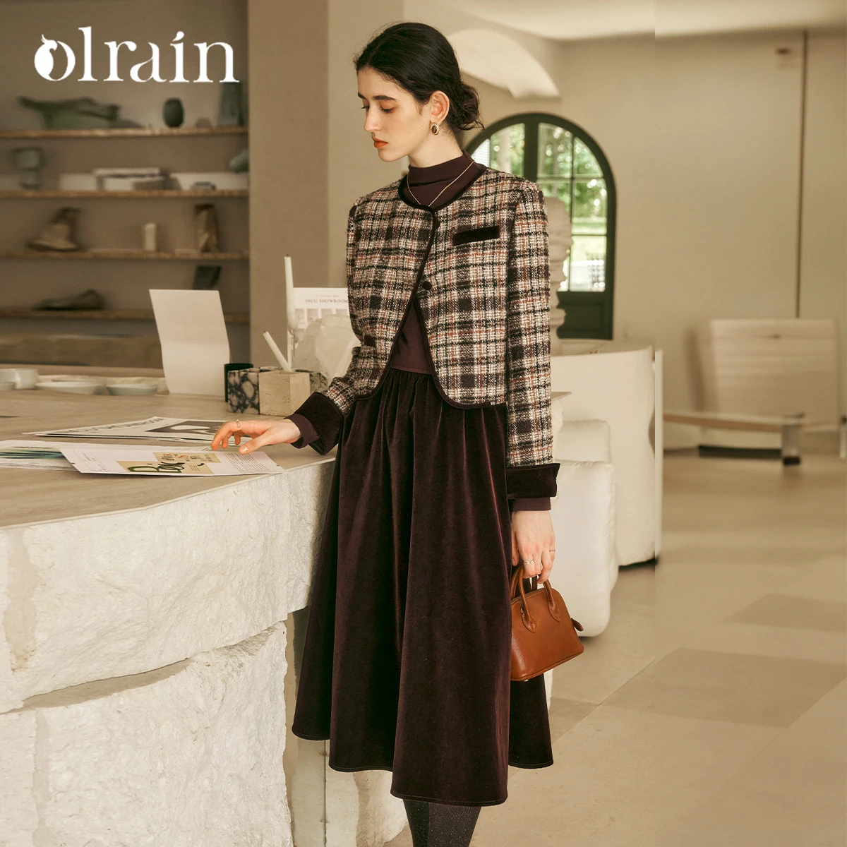 OLrain Two-piece Dresses Sets Women Autumn 2026 Patchwork Velvet Midi Dress Tweed Plaid Jackets Elegant Ladies Sets O56DE95268