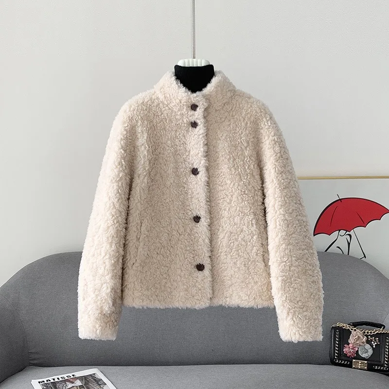 

Новинка осени/зимы 202, пальто из овечьей овчины с воротником-стойкой, короткая теплая куртка из меха ягненка PT501