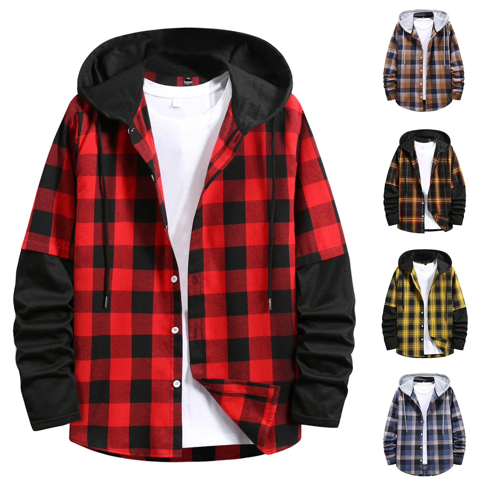 Mountain Sweater Men\'S Fall Trendy Drawstring Splice Hooded Plaid School Shirt Coat Thin Casual Fleece Jacket Men Full Zip Small