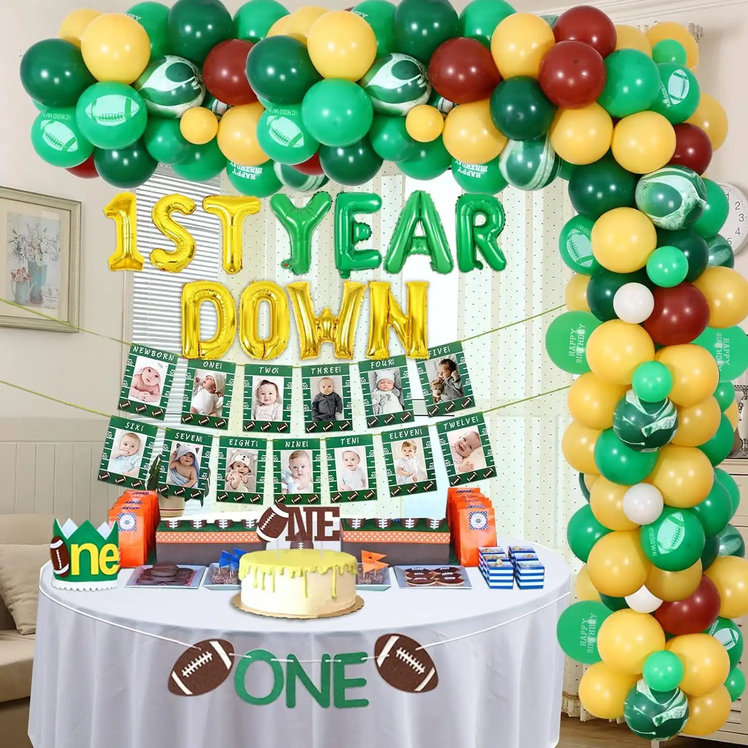 

FANGLELAND Football First Birthday Party Decorations, Banner Cake Topper chair Banner Hat Balloons fo1st Birthday Party Supplies