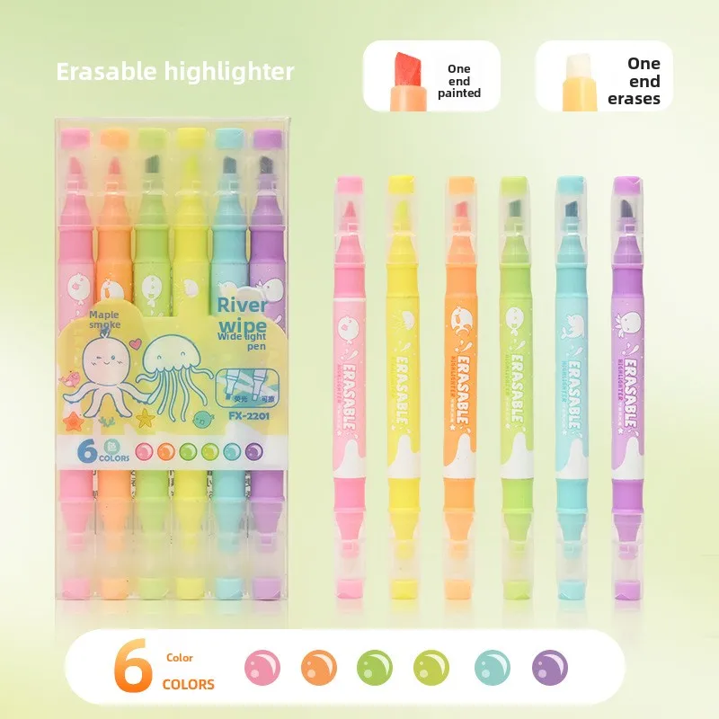 6pcs Cute Ocean Cartoon Double-Ended Fluorescent Highlighters; Pen Body Colors Are Random; Erasable Rubber Tip at the Base