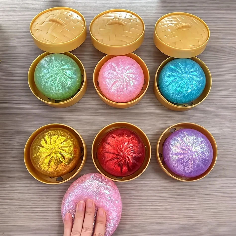 Random 1Pcs Realistic Dumpling Squeeze Toy with Bamboo Steamer Soft TPR Dough Ball Decompression Fidget Toy Creative Funny Gift