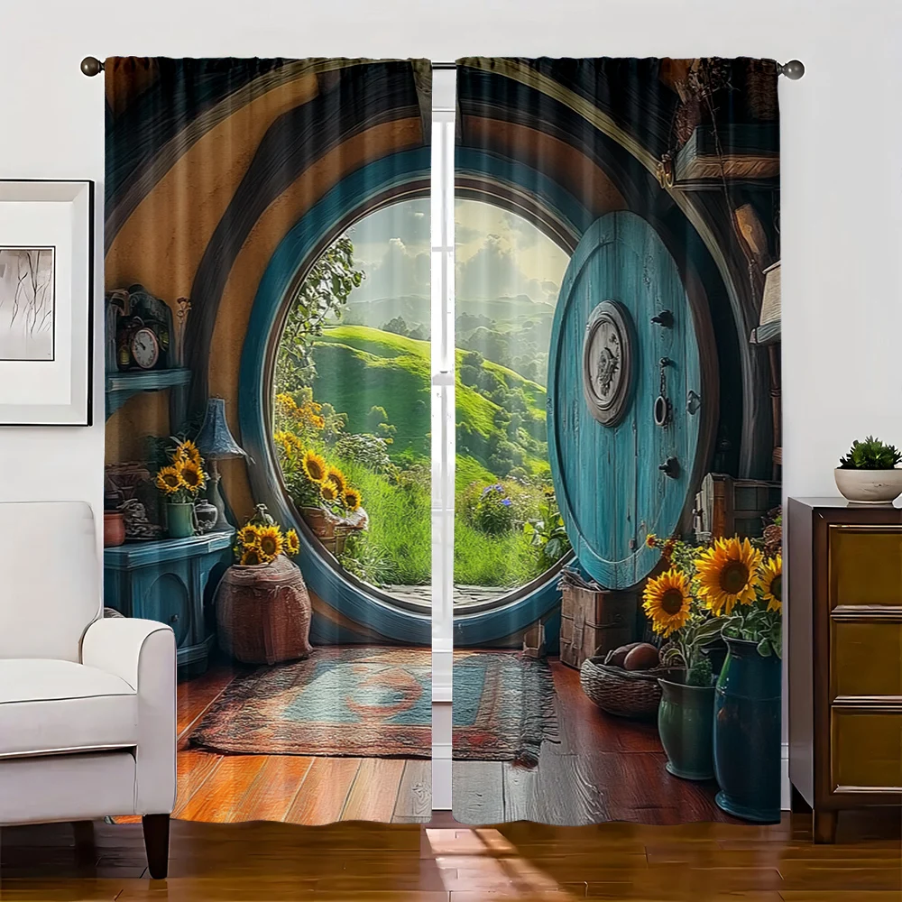 2pcs Blue Door Fantasy Curtains Digital Printing, Round Wooden Door with Garden View Clock Vase Sunflowers for Cozy Living Room