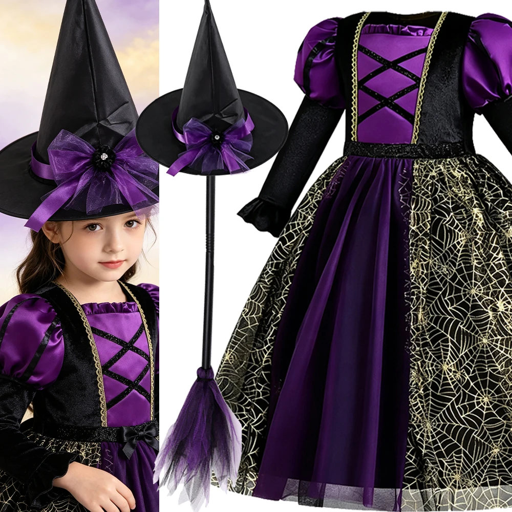Kinder Gothic Hexen Cosplay Kostüm Schwarzes Lila Langarmkleid für Mädchen Böse Königin Outfit Halloween Karneval Faschingskostüm