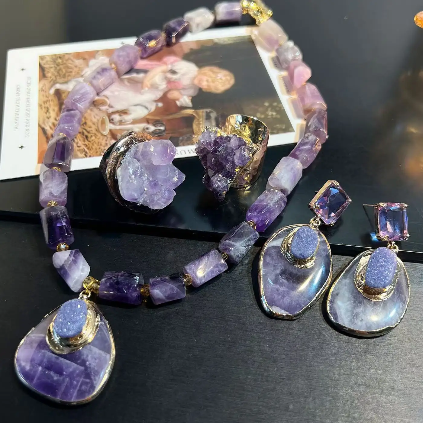 

Purple Natural Crystal Necklace Earring Ring Heal Natural Raw Stone Fashion Women Jewelry Set High Quality