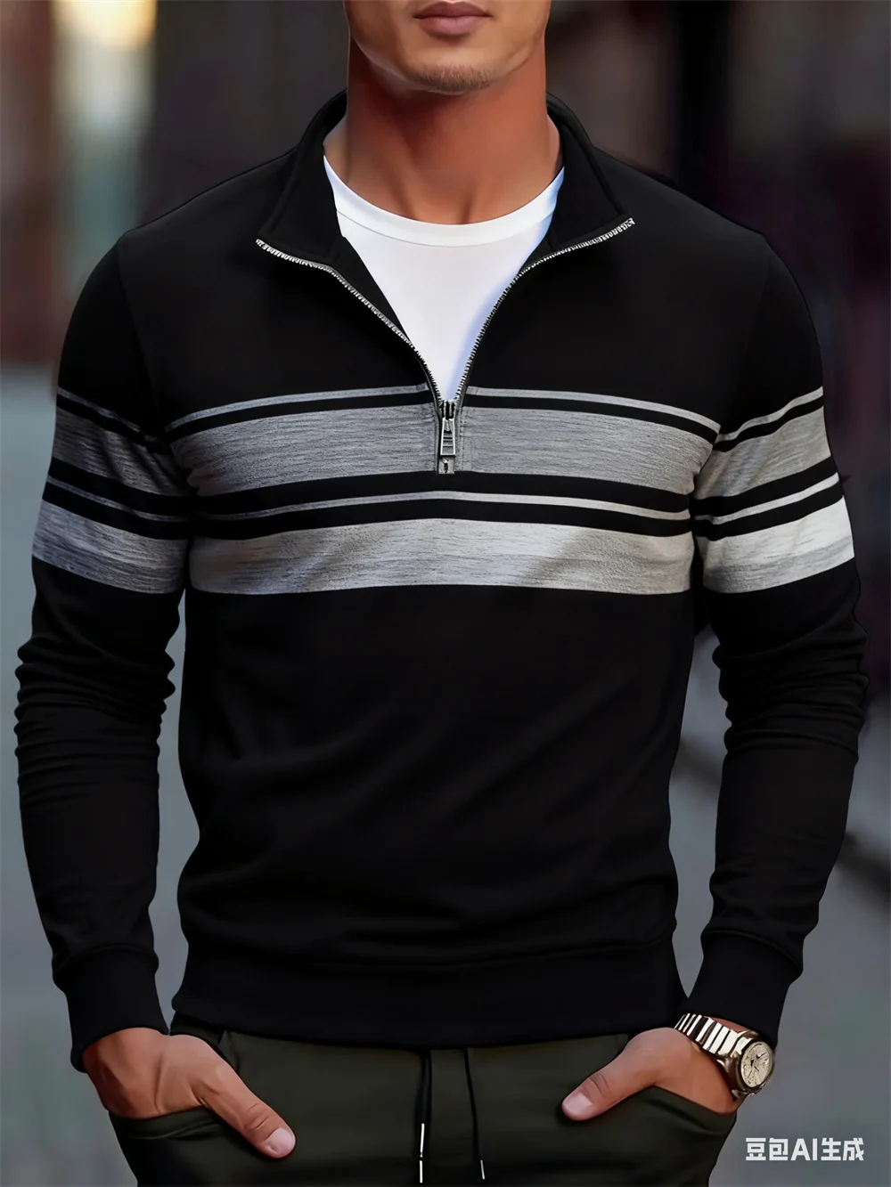 

Simple Stripe Pattern Men's Zipper Sweatshirt Autumn Winter Outdoor Street Half Zip Pullover Business Casual Comfortable Clothes