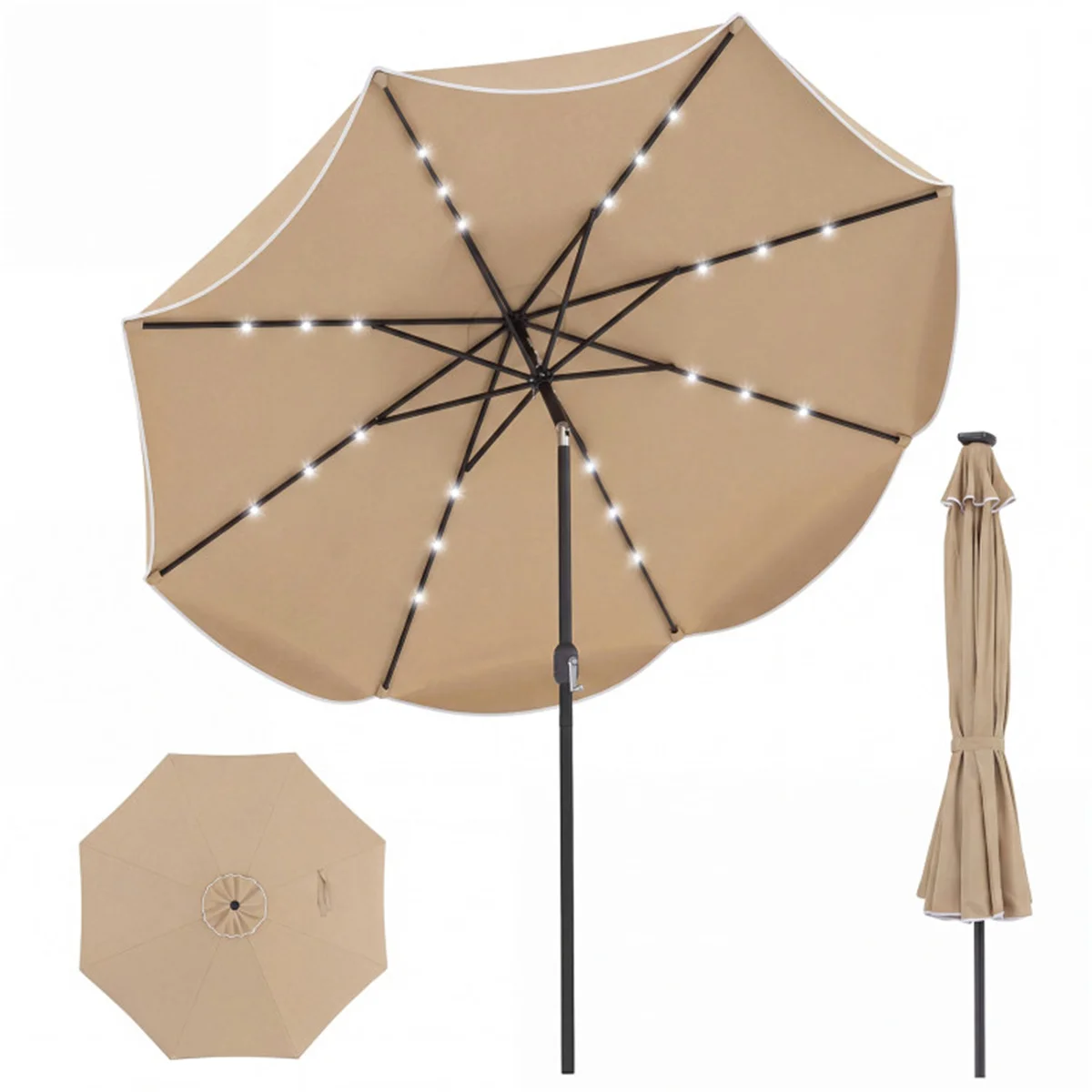 

10 Ft Solar Powered Patio Umbrella with 24 LED Lights, Beige Outdoor Market Umbrella