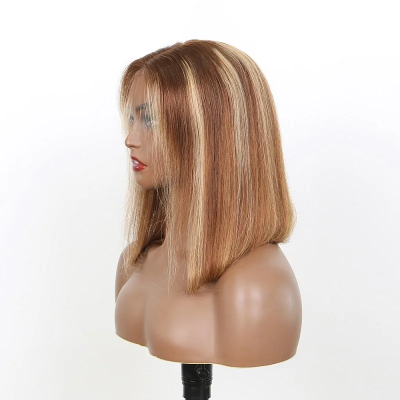 4/27 グルーレスボブウィッグ人毛ハイライトプレカット6x4レースウィッグ既製ウィッグ人毛プレプラッキングベビーヘア付き