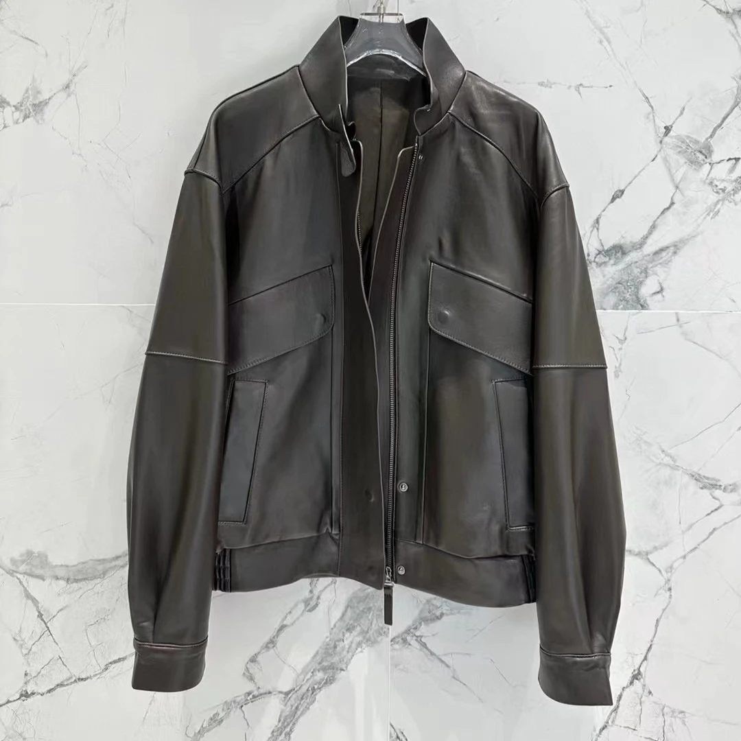 Cappotto con colletto rialzato in pelle di pecora Giacca corta con cerniera a maniche lunghe Giacca in pelle da donna