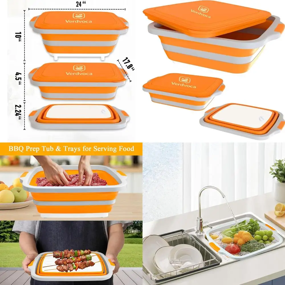 

Portable 3-Size Collapsible BBQ Prep Tub with Cutting Board Lid, Outdoor Camp/Tailgate, Dishwasher Safe, BPA-Free, 30L Orange