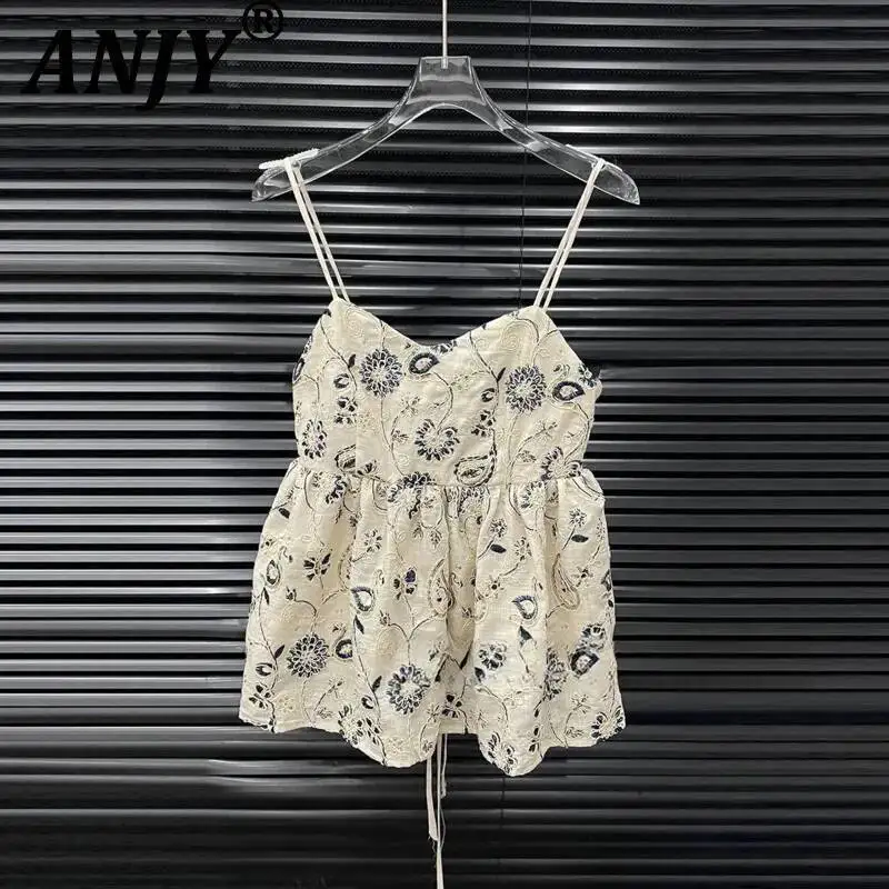 ANJY Summer New Women Niche Design Embroidered Backless Lace-Up Sexy Camisole Top Chic Loose Pleated Beading Casual Pants A23737