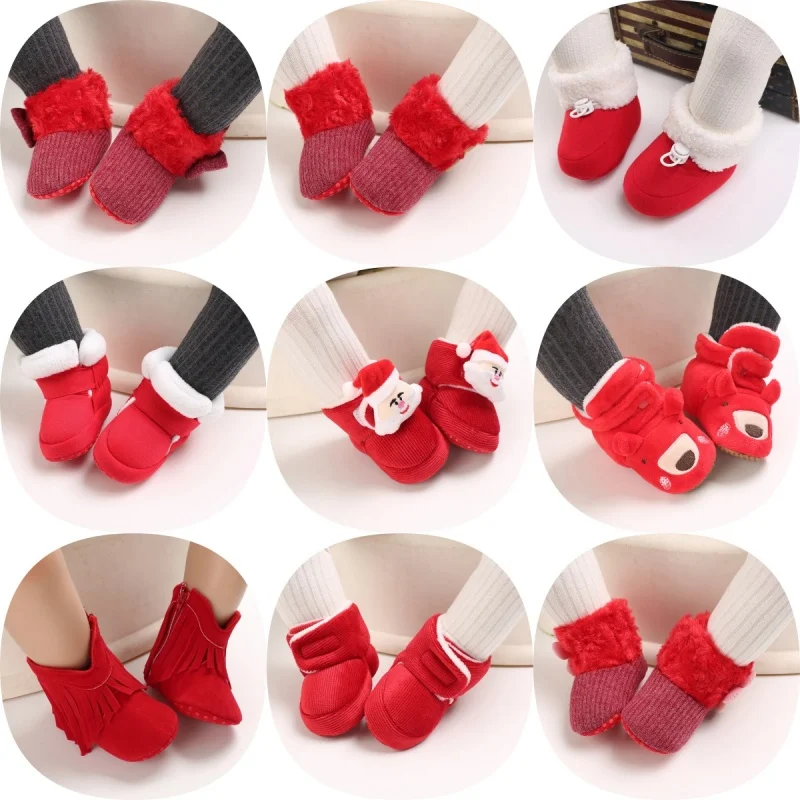 Red Christmas Warm Shoes Baby Learning to Walk Winter Boys and Girls Shoes Christmas Role Playing Cute Cartoon Learning to Walk