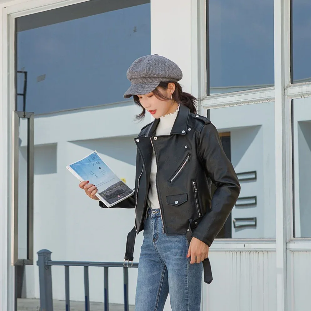 MRMT-chaquetas de cuero para mujer, chaquetas de piel lavada con solapa, de locomotora corta, 2024